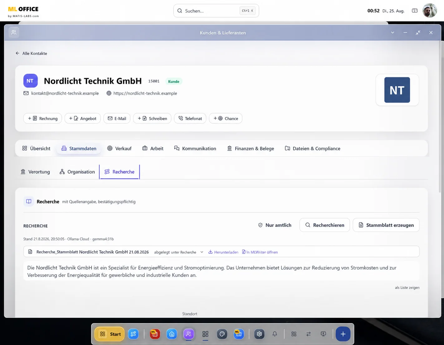 Anonymisiertes MLOffice Kundenstammblatt mit quellenbasierter KI-Recherche