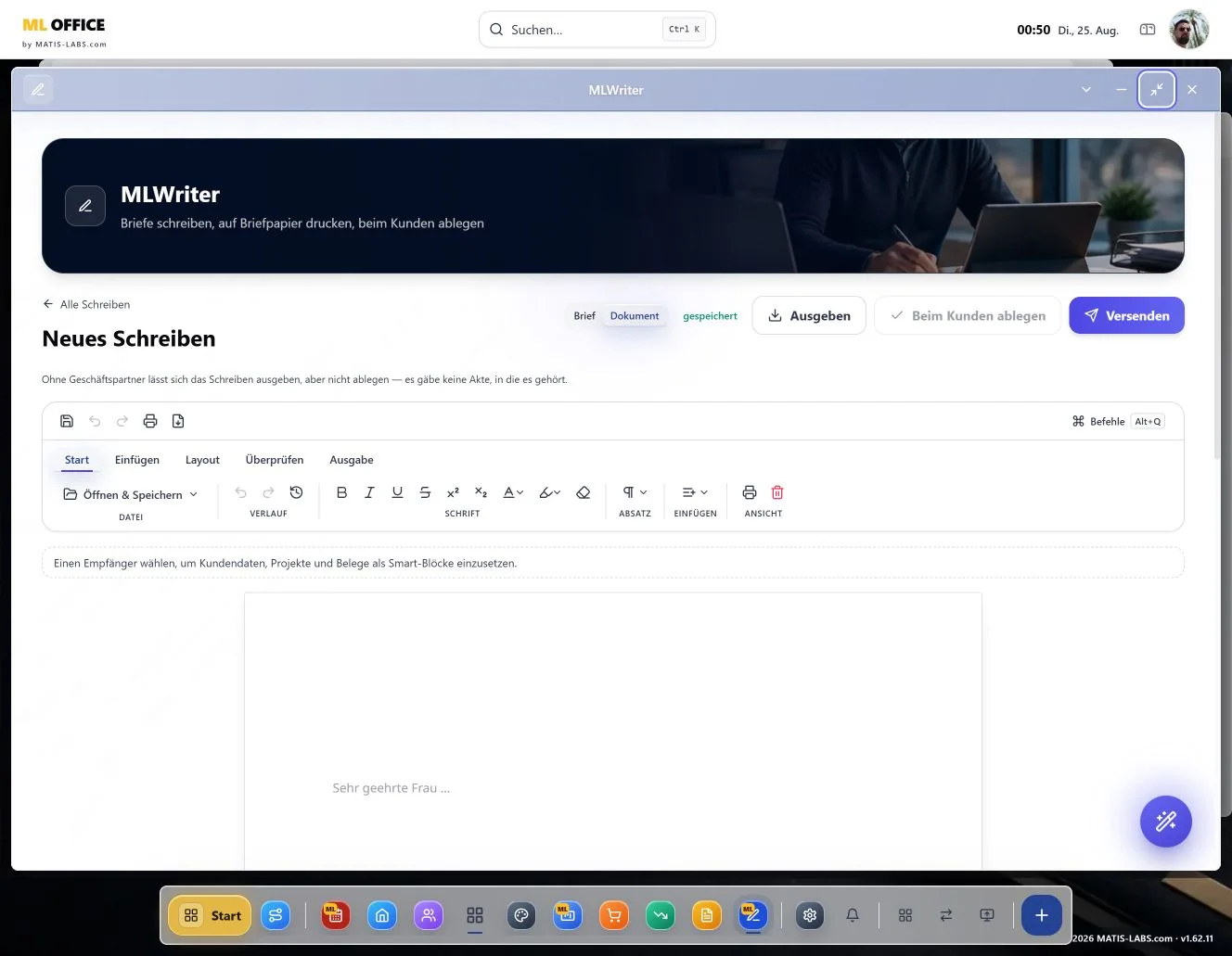 Aktueller leerer MLOffice MLWriter mit Werkzeugleiste und Versandfreigabe