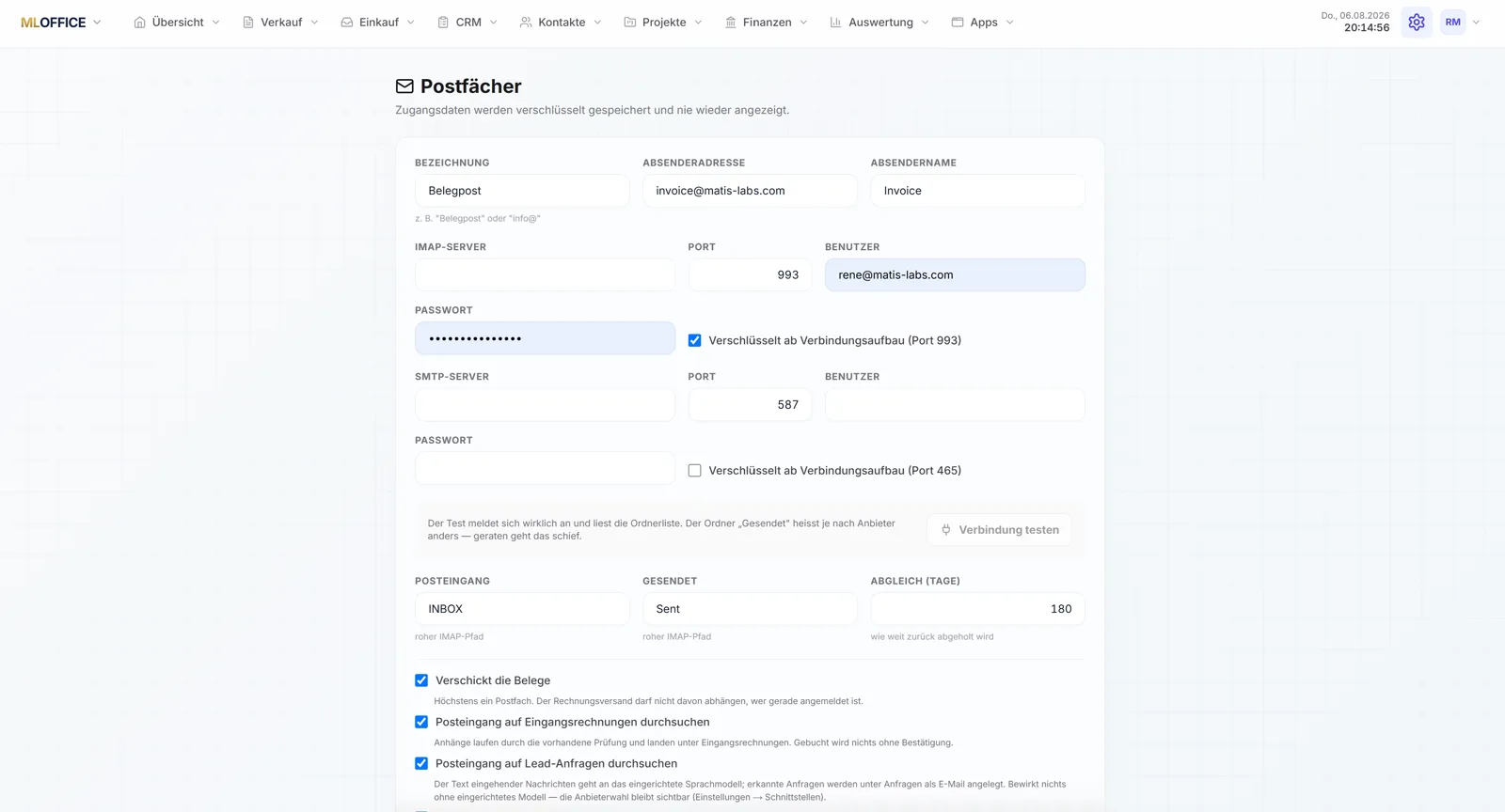 MLOffice Konfiguration eines persönlichen Postfachs