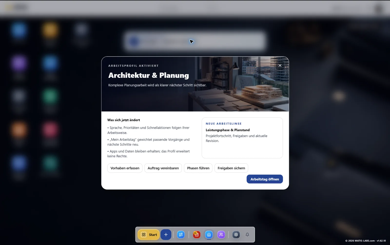 Aktiviertes MLOffice Arbeitsprofil für Architektur und Planung