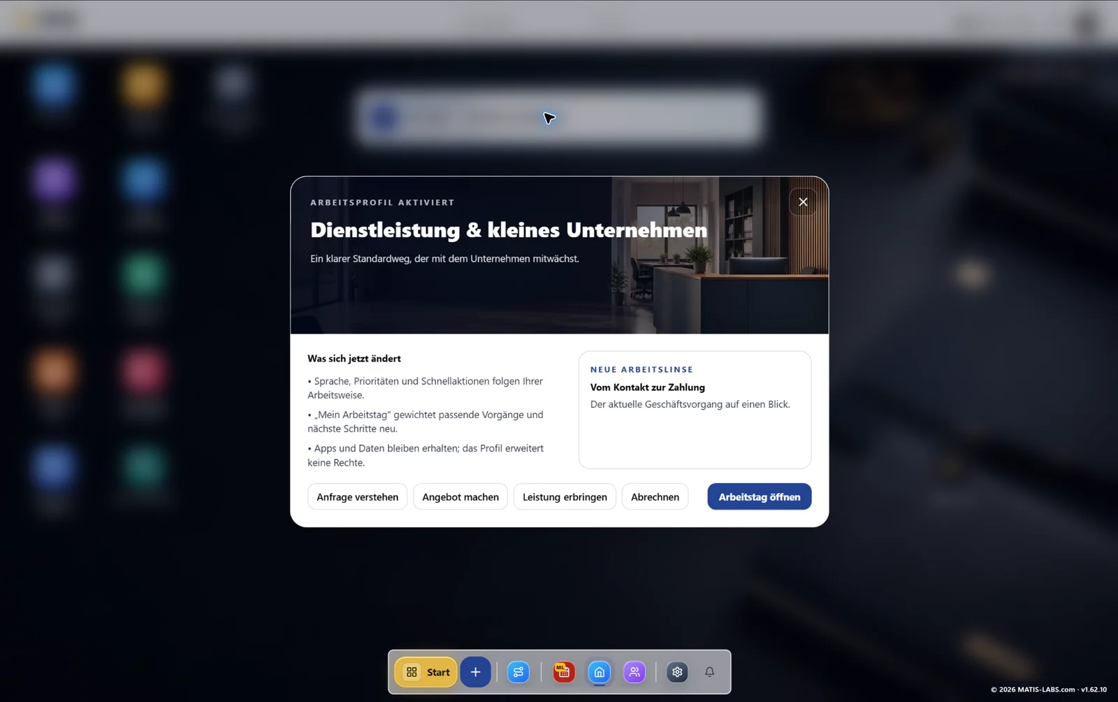 Aktiviertes MLOffice Arbeitsprofil für Dienstleistung und kleine Unternehmen