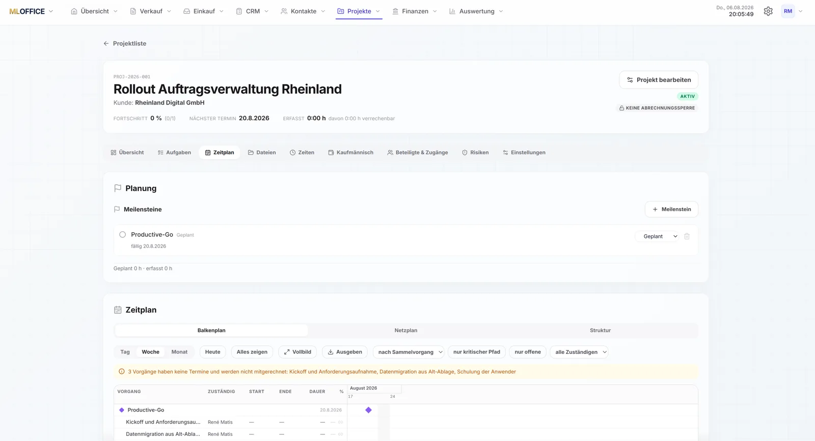 MLOffice Projektakte mit Budget und Aufgaben