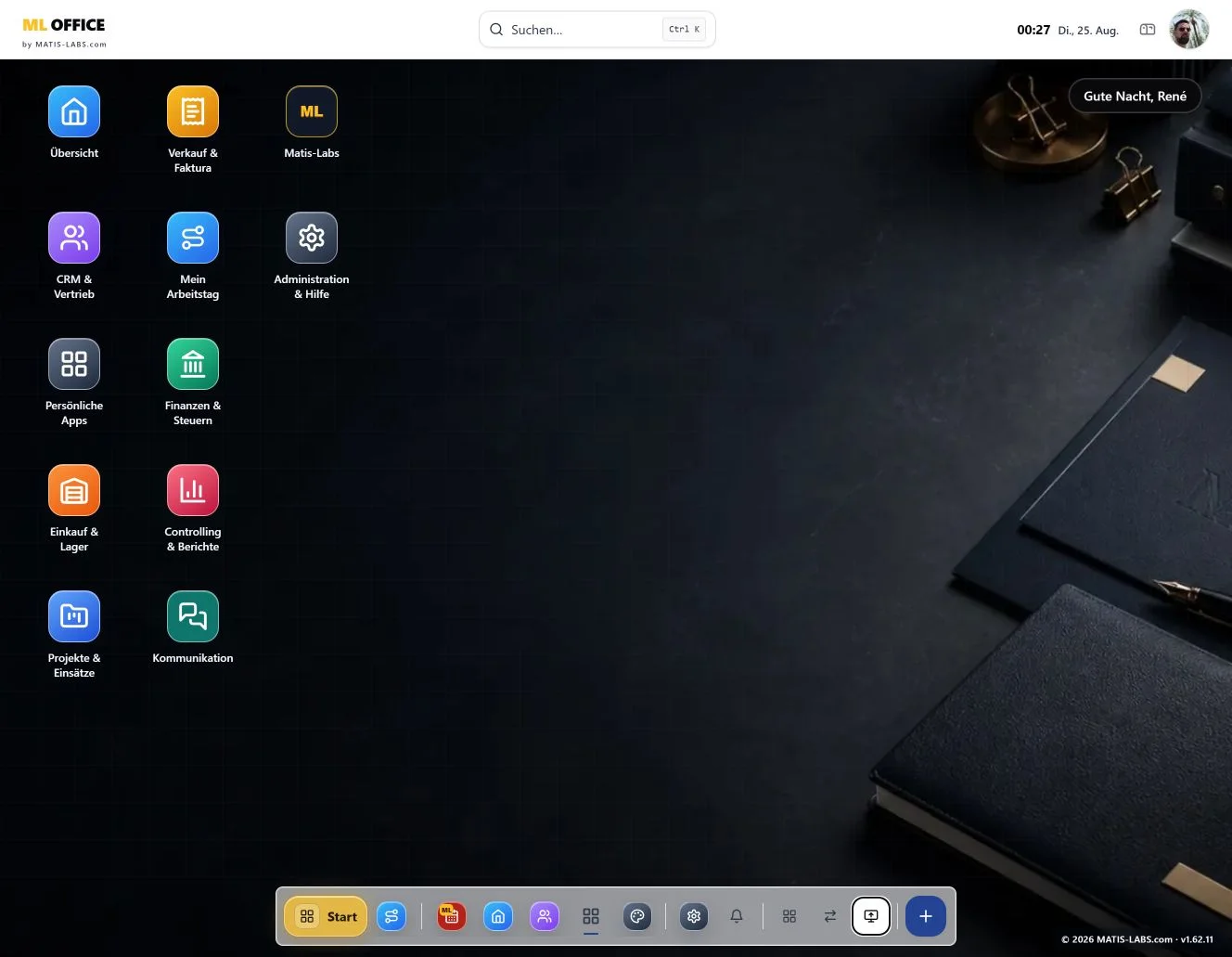Aktueller MLOffice Desktop mit Executive-Night-Erscheinungsbild